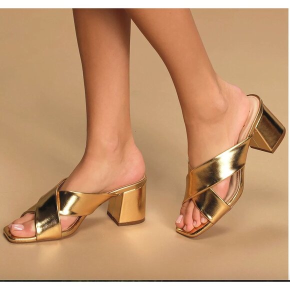 NEW Lulus SZ 8.5 Ybarra Gold High Block Heel Sandals Metallic Vegan Criss Cross - Picture 10 of 10